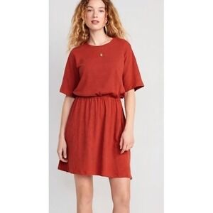 Old Navy Rust Orange T Shirt Dress Elastic Waist Midi Short Sleeve Women's M D07